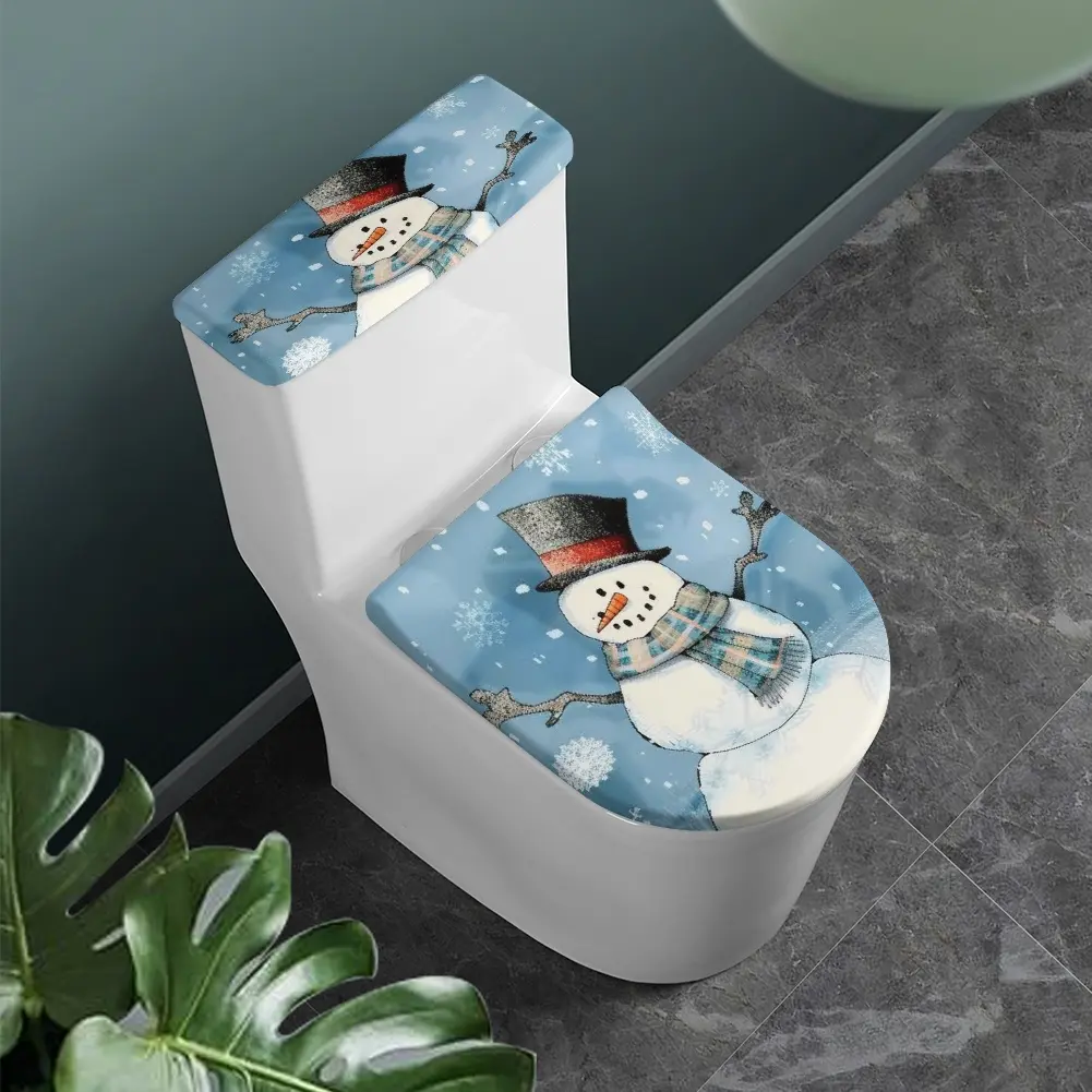 Christmas Toilet Seat Cover Set (2-Pack) - Stretchy Soft Polyester, Winter Snowman Print, Dustproof Washable, Fits Most Round/Elongated Toilets, Home Bathroom Decor for Holiday Guests