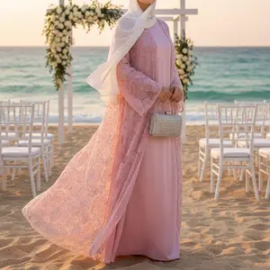 Mesh Flower Bead Open Abaya and Satin Interior Dress 2-Piece Set  | Elegant Muslim Wedding Guest Outfit(MOA222)