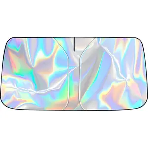 Car Windshield Sun Shade with Storage Pouch, Foldable Laser Titanium Silver Front Window Shield Blocker Screen Visor Protector Cover, Keep Interior Cool, Universal Fit for Car,Truck,SUVs (L)