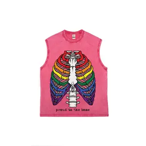 Men's Vintage Washed "Proud to the Bone" Tank Top, LGBTQ+ Rainbow Skeleton Ribcage Graphic Sleeveless Tee, Retro Pink Cotton Pride Top for Summer & Streetwear