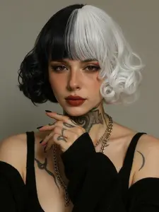 Women's Two-Tone Short Curly Synthetic Wig with Bangs, Natural Look, Easy to Manage, Perfect for Daily Wear, Halloween & Cosplay