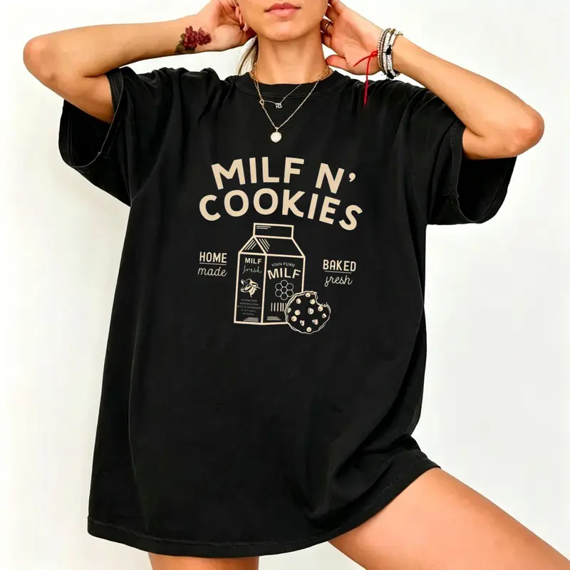 Women's 100% Cotton Funny Graphic Tee - 'Milf N' Cookies' Saying, Casual Solid Top, Lightweight Smooth Unisex Round Neck Tee, Seamless Underarm, All-Season Weather Adaptability, Do Not Bleach