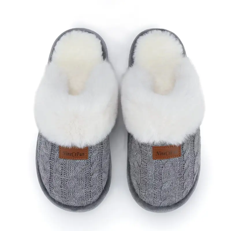 Women's Breathable Slippers Indoor Outdoor Non-Slip, Fuzzy Faux Fur Lined Knitting Fleece Footwear with Textured Grip Sole for Cozy Home & Casual Wear.