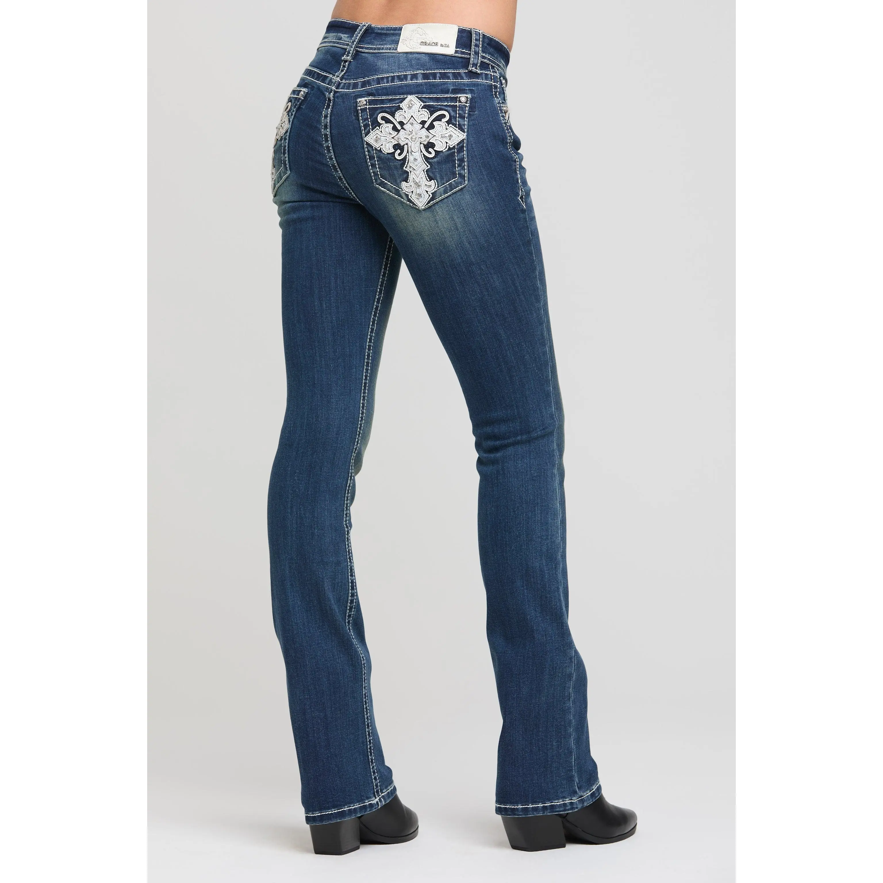 Cross Pleather Embroidered Bootcut Jeans for Women - Dark Blue Wash Mid Rise Sequin Rhinestone Denim