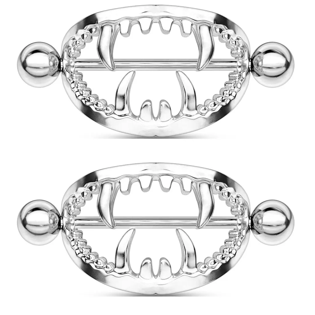 Gothic Fangs Barbell Nipple Shields - Stainless Steel - Pair