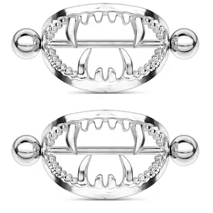 Gothic Fangs Barbell Nipple Shields - Stainless Steel - Pair