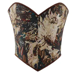 Brown Vintage Floral Renaissance Corset Top Tube Top Lace-up Top for Going Out Dinner Party Club Tunic Top