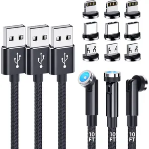 [3-Pack,10FT/10FT/10FT] 540? Rotating  Phone Charger 3-in-1  USB  with LED Light Nylon Braided  Charger for iProduct/ USB/Type C Device-Black Smartphone Cellphone