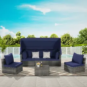 5 Pieces Outdoor Patio Wicker Daybed Furniture Set with Retractable Canopy, Storable Side Table, and Soft Cushions for Relaxing in Your Backyard or Porch