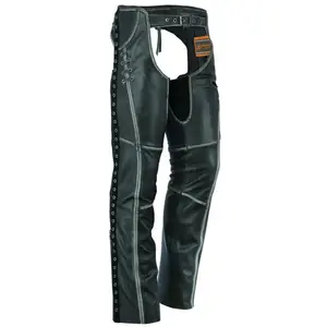 DANIEL SMART Thunderhawk Women's Motorcycle Leather Chaps - Premium Gray Cowhide with Grommet Details & Satin Underlining for Comfort