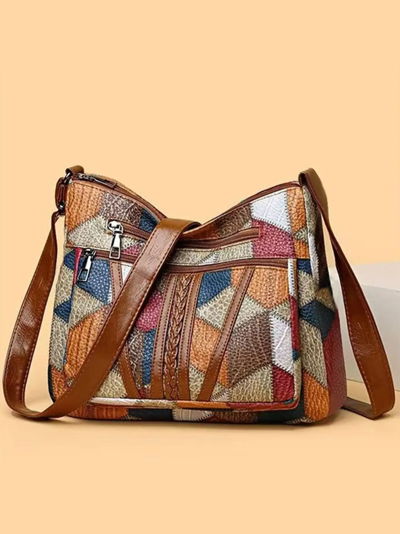 Fashion Geometric Pattern Crossbody Bag for Women, Chic Bag, Casual Fashion Bag, Fashionable Daily Crossbody, Large Capacity Multi-Compartment Shoulder Backpack, Woven Details, Zip Closure Design, Fashion Crossbody Bags