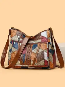 Fashion Geometric Pattern Crossbody Bag for Women, Chic Bag, Large Capacity Multi-Compartment Shoulder Backpack, Woven Details, Zip Closure Design