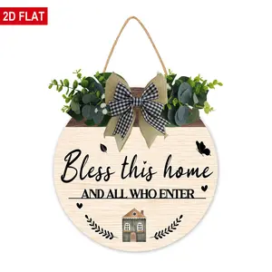 Bless This Home And All Who Enter Sign for Front Door Decor, Christian Jesus Wood Hanging Sign for Home Wall Porch Indoor Outdoor, Rustic Farmhouse Design, Spring Farmhouse Wooden Wreath Wall Hanger Decorations, 12 inch
