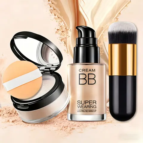 3 PCS Flawless Face Makeup Kit for Adults - BB Cream, Concealer, Foundation, Loose Setting Powder, Brush, Sponge, Moisturizing Hydrating Formula, Waterproof, Full Coverage, Long Lasting, Even Skin Tone, Natural Look Holiday Cosmetic