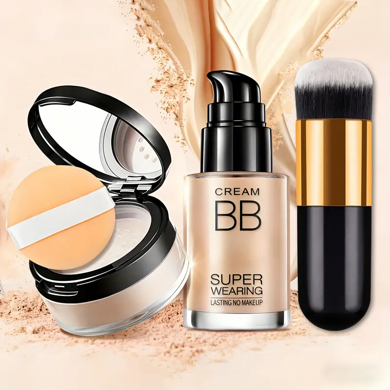3 PCS Flawless Face Makeup Kit for Adults - BB Cream, Concealer, Foundation, Loose Setting Powder, Brush, Sponge, Moisturizing Hydrating Formula, Waterproof, Full Coverage, Long Lasting, Even Skin Tone, Natural Look Holiday Cosmetic