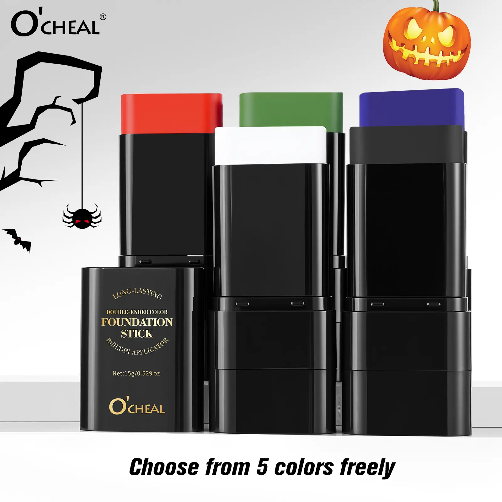 5‑Colors Halloween face paint stick, dual‑ended body & face stick. Quick & easy application for beginners, ideal for skull, gothic, clown, zombie cosplay. Vibrant washable hues for spooky parties, cosmetic for adults & kids, halloween accessory