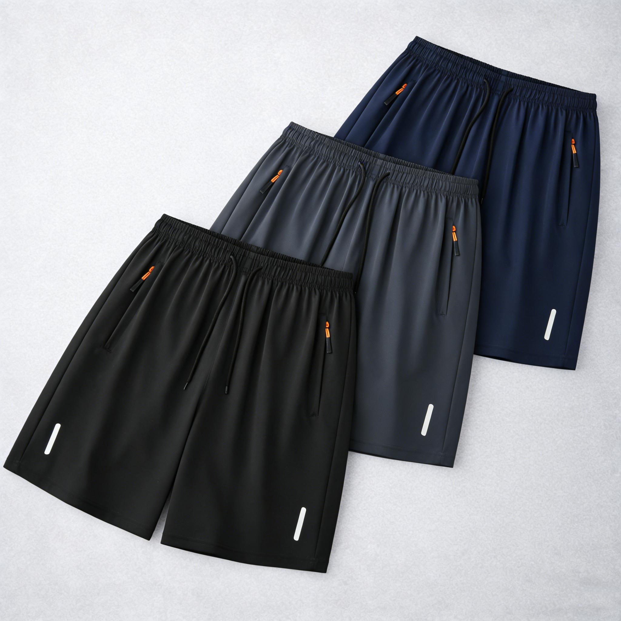 7-pack men’s ice silk quick-dry athletic shorts featuring zippered pockets and contrasting zipper head design; breathable, lightweight ice silk summer shorts for fitness, running, and casual wear—an essential for workouts and comfortable for home wear in