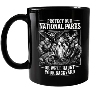 CupiCo Protect Our National Parks Ceramic Mug, Cryptid Coffee Mug, Haunted Woods Tea Cup, Bigfoot Mugs, Mothman Drinkware