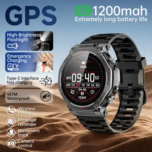 1200mAh Ultra-Long Battery Life Outdoor Sports Smartwatch with GPS,Super-Bright Flashlight,Reverse Charging for Emergency Phone Power Essential,1ATM Water Resistance,Fitness Tracker Bluetooth Calling/Answering Gear for Camping & Hiking,T-Rex3
