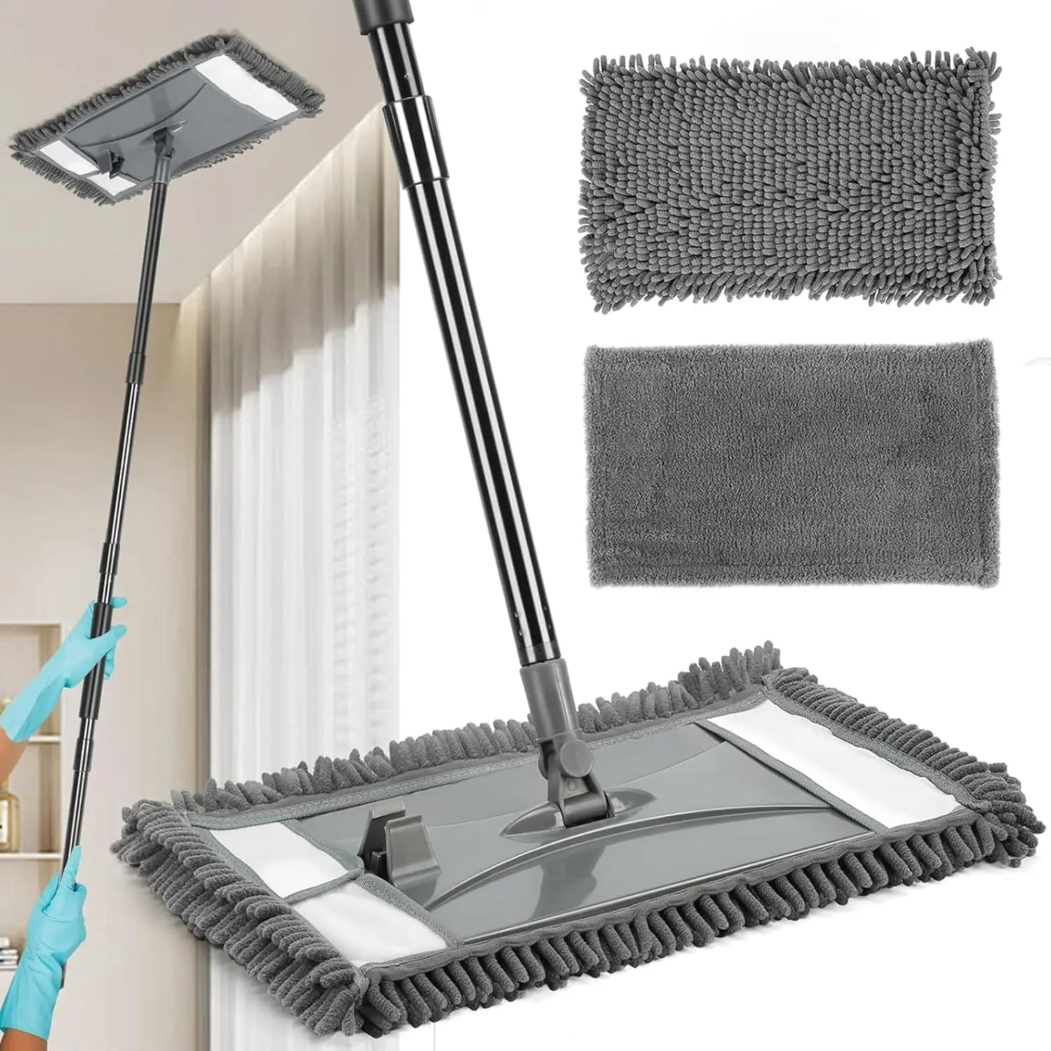 Wall Cleaning Mop with Long Handle – Dry & Wet Dust Mop for Walls, Floors & Ceilings with 2 Reusable Microfiber Pads