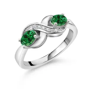 Gem Stone King 0.81 Ct Oval Green Created Emerald White Created Sapphire 925 Sterling Silver Ring