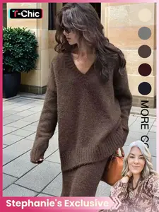 Women's V-Neck Sweater Dress Set, Casual Fashion Chic Two-Piece Knitwear, Autumn Winter New Arrival, Comfortable and Elegant Style, Outfit