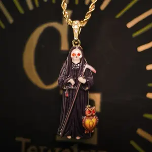 Gold Plated XL Santa Muerte Chan Pendant with 24 Inch Rope Necklace for Daily Wear Unique Fashion Accessory