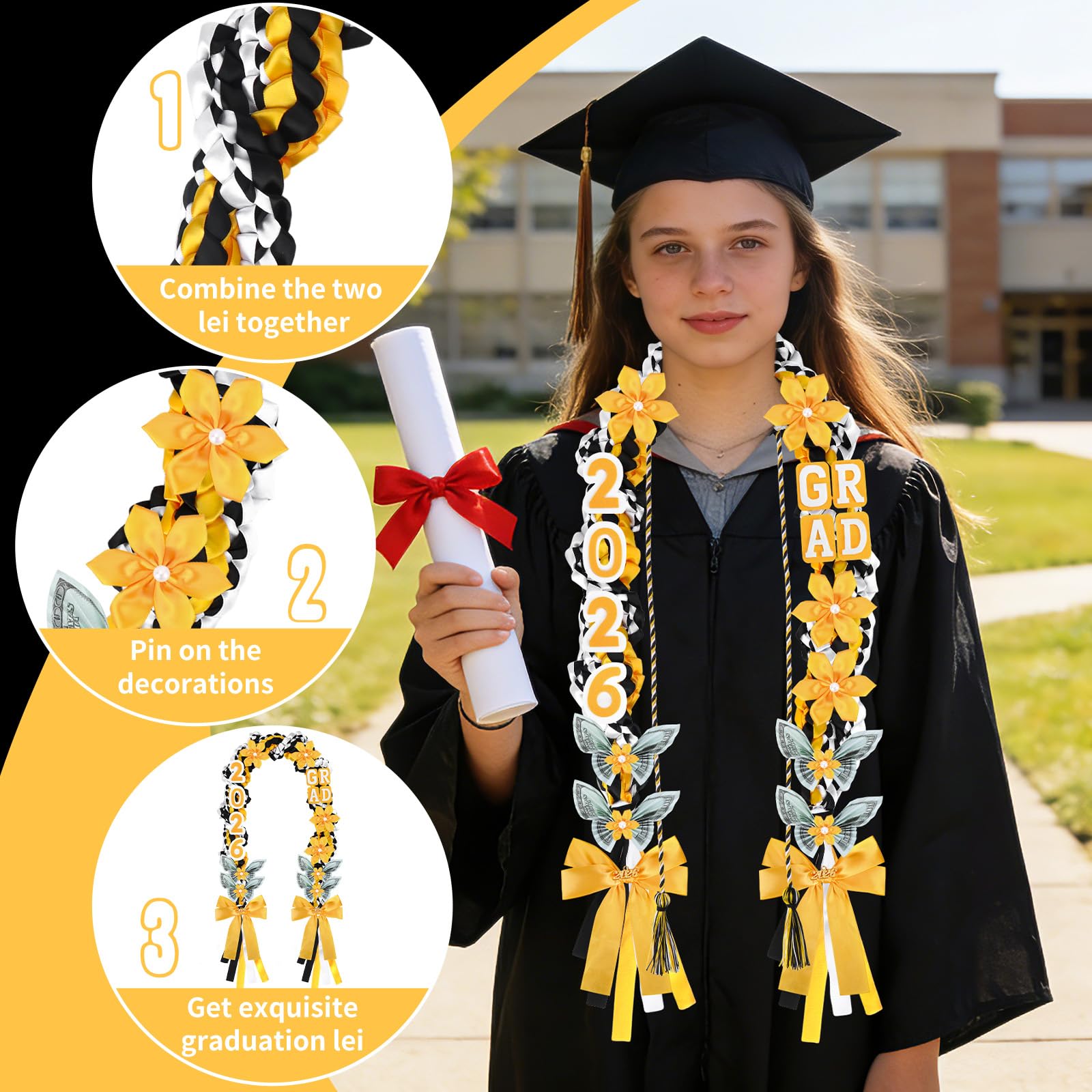 ONERIR 21Pcs Graduation Leis 2026, 50 Inch Class of 2026 Double Braided Money Lei with Satin Ribbon Flowers, Blue Yellow White Graduation Party Gifts for Women & Men ONERIR 21Pcs Graduation Leis 2026, 50 Inch Class of 2026 Double Braided Money Lei with Satin Ribbon Flowers, Blue Yellow White Graduation Party Gifts for Women & Men