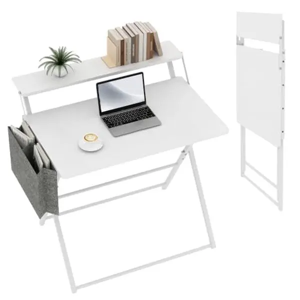 31.5" Wide Modern Rectangular No-Assembly Collapsible Small Desk with 2-Tier Shelf, Sturdy Steel Legs, Portable Space-Saving Office/Laptop Writing Table for Home Office or Bedroom, White, Desk for Bedroom