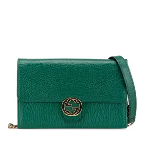 Pre-owned GUCCI Leather Shoulder Bags Interlocking G Dollar Calfskin Wallet on Chain Emerald Green
