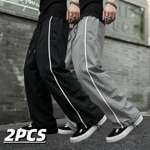 2-Pack American Side-Striped Wide-Leg Parachute Pants High-Street Vibe Quick-Drying Breathable Adjustable Cuffs Unisex Loose Fit Versatile Athletic Pants for Spring Summer Streetwear Skateboarding Commuting Menswear Man fathersdaygift