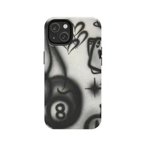 Black & White Graffiti Aesthetic Phone Case for IP 16 15 14 13 12 11 Pro Max XR Xs 6 7 8 Plus SE, Retro 90s Edgy Black & White Case, Shockproof Heavy Duty Protective Cover, Girly Trendy Spray Paint & 8-BaII Tough Case