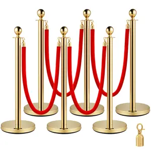 VEVOR 6 PCS Gold Stanchions Posts Stainless Steel Stanchion Queue Post Red Rope Retractable 38In for Both Indoor and Outdoor use. Flannel Set