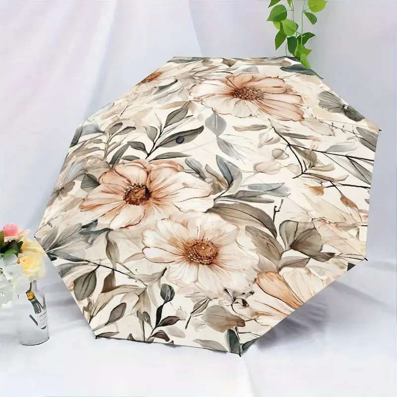 Automatic Folding Umbrella with Floral Leaf Butterfly Design, 8-Rib Structure, Portable and Durable, Ideal for Spring Summer Travel