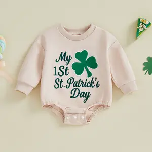 Infant Baby Boy Girl Spring Romper Loose Fit Shamrock Letter Embroidered Crew Neck Long Sleeve Spring Jumpsuit 0-12 Months