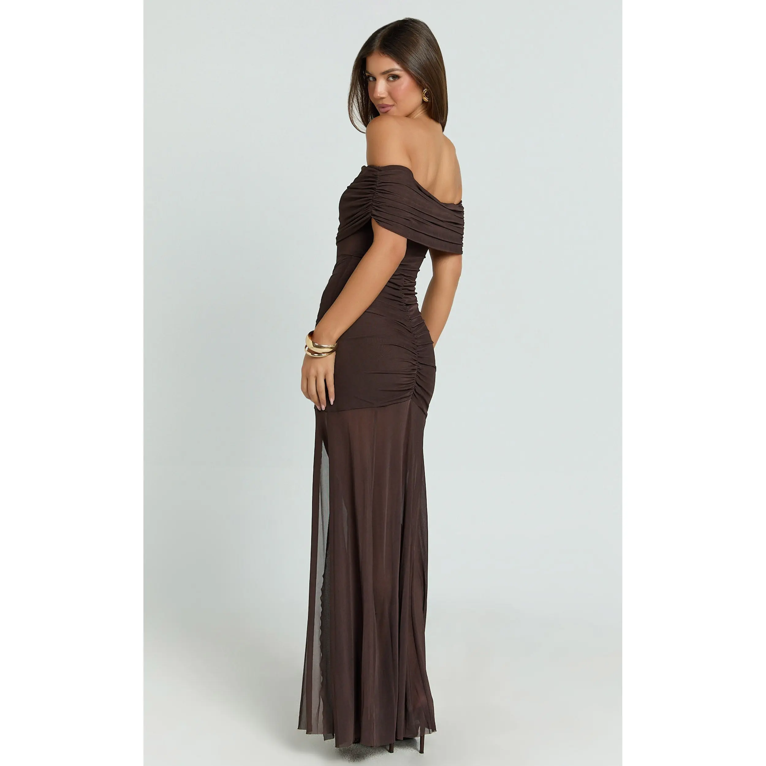women brunch dresses Marise Brown Draped Satin Maxi Dress