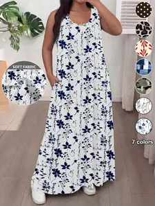 Plus Size Women's Dress with Pockets, Multiple Prints Available, Casual Sleeveless Round Neck Long Dress, Daily Wear for Home and Vacation