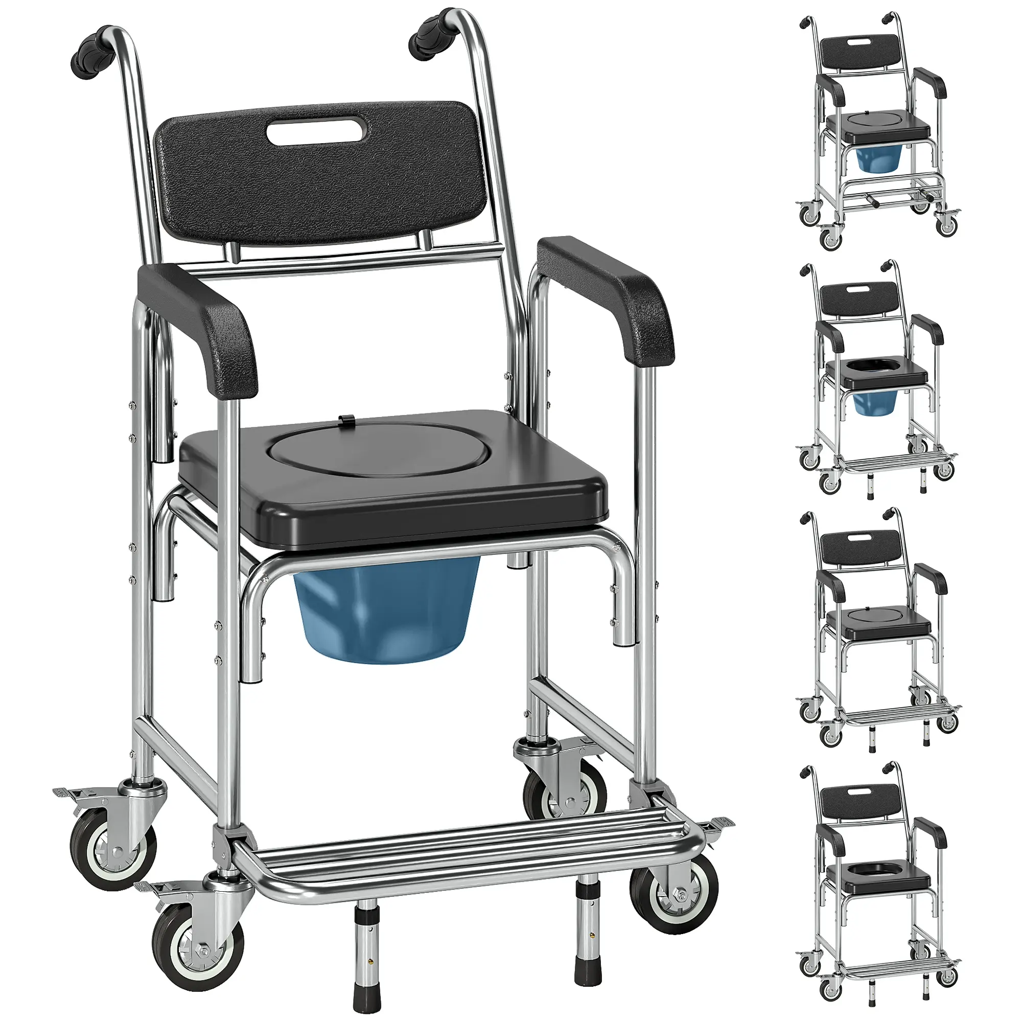 3-in-1 Wheeled Bedside Shower Commode Chair Lightweight Water-Resistant Aluminum Frame Padded Seat High Back Anti-Slip Armrest Lockable Rolling Wheels Foldable Footrest 330 LBS Max Load Elderly Mobility Aid