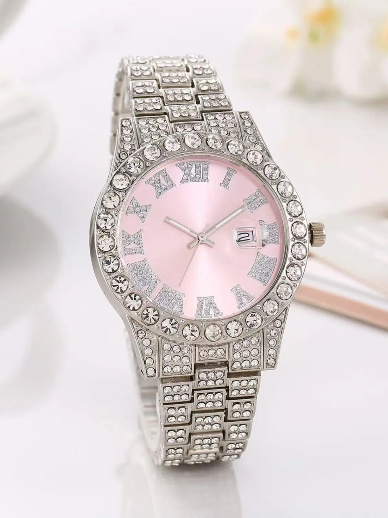 Men's & Women's Quartz Watch, Pink Color Dial Alloy Strap, Casual Roman Numeral Calendar Dial Stylish Business Watch, Rhinestones Decor Wristwatch, Quartz Analog Watches, Ideal Gift for Him (Father’s Day, Valentine’s, Merry Christmas