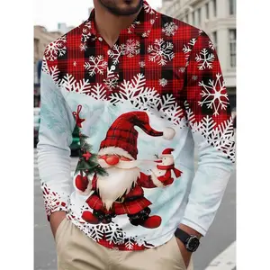 Men's Christmas Plaid Santa Art Print Long Sleeve Polo Shirt, Breathable Comfort Casual Fitted Design, Spring & Fall Fashion