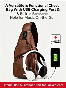Men's On-the-Go Sling Bag with USB Charging Port, Portable Leather Crossbody Shoulder Bag, Convenient Charging Backpack for Everyday Use