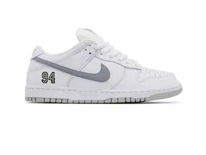 Nike SB Dunk Low Supreme 94 White Metallic Silver Sneakers for Casual Wear with Iconic Swoosh Design & Comfortable Low-top Fit (SKU:HQ8487-100)