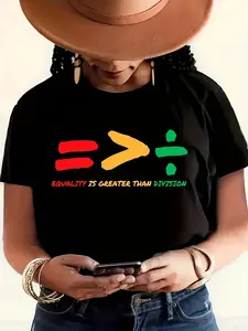 Stretchy Equality Print T-Shirt - Bold "Equality" Lettering, Regular Fit Round Neck Short Sleeve Top, Spandex Casual Wear Suitable for Spring Summer Fall, T-Shirts with Stretch Fabric