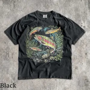 90s River Wildlife T-Shirt - Men & Women's Unisex Graphic Tee - Vintage Rainbow Trout Tee - Fishing Shirts - Retro Fish Shirt - Nature Top