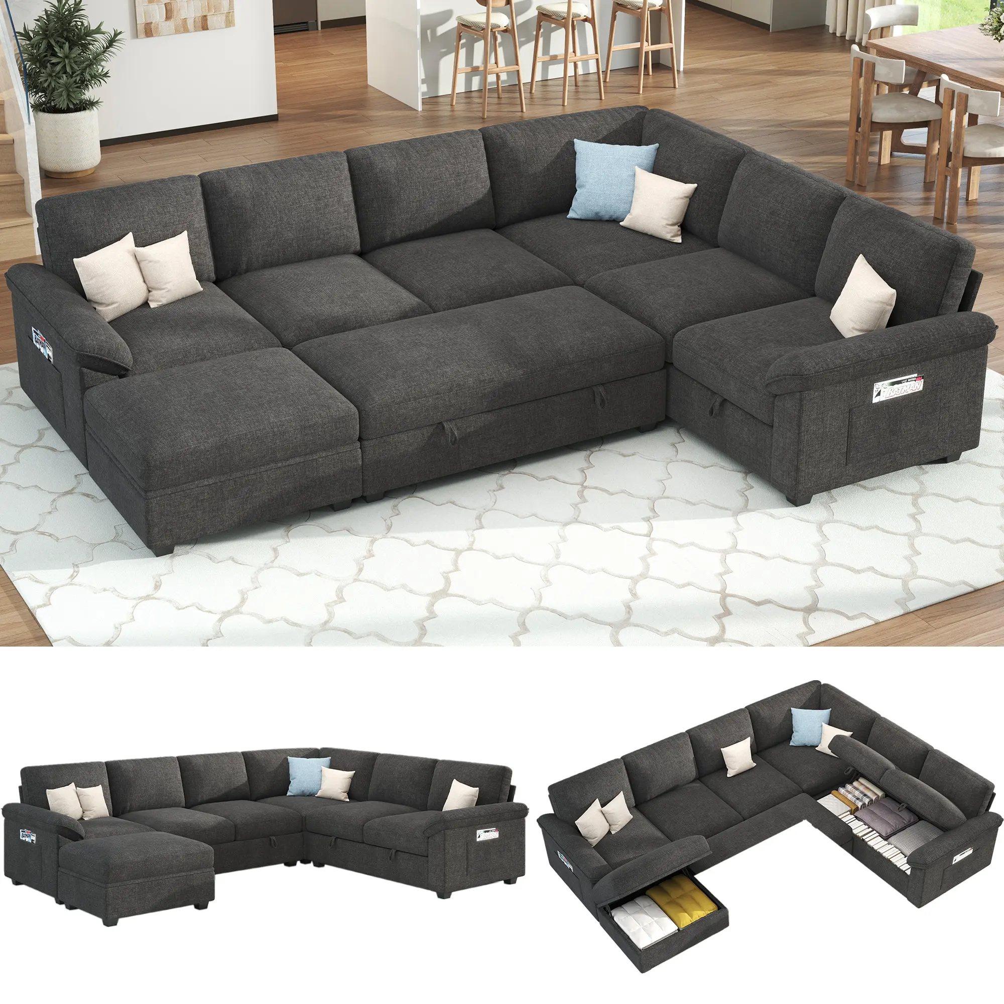 [Summerwins][Ships in 2 Boxes] AMERLIFE 105" Chenille Sofa Bed, Sectional Sleeper Sofa with Pull Out Bed/Reclining Backrest, Sleeper Couch Bed with Storage, 6 Seater Couch Bed for Living Room