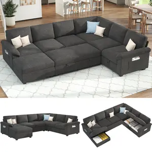 [Ships in 2 Boxes] AMERLIFE 105" Chenille Sofa Bed, Sectional Sleeper Sofa with Pull Out Bed/Reclining Backrest, Sleeper Couch Bed with Storage, 6 Seater Couch Bed for Living Room
