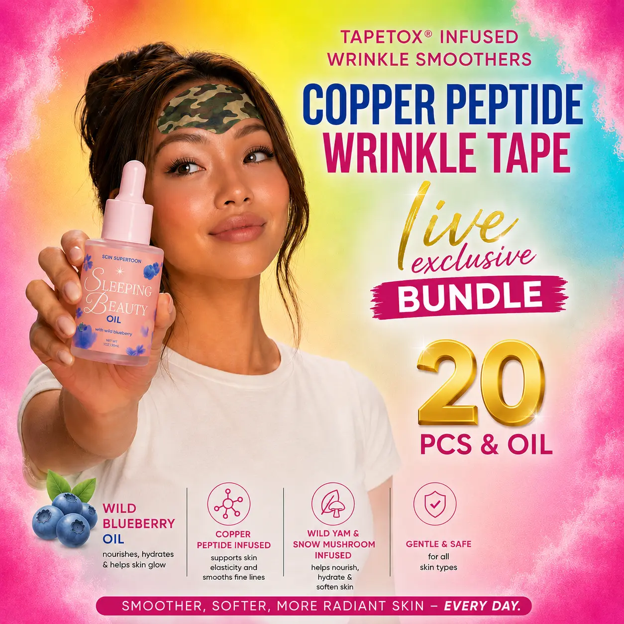 TapeTox Full Forehead Patch with copper peptides and pine bark, Sleeping beauty oil, wrinkle smoothing, Japanese face tape bundle Collagen Support Deep Hydration Youthful Appearance