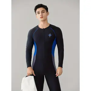 2025 Men'S One-Piece Athletic Fashion Swimsuit with Solid Color And Print Letters, Featuring Long Sleeves And Pants, Designed for Sports And Leisure, High Elasticity for a Slimming Effect, Includes Padding, Knit