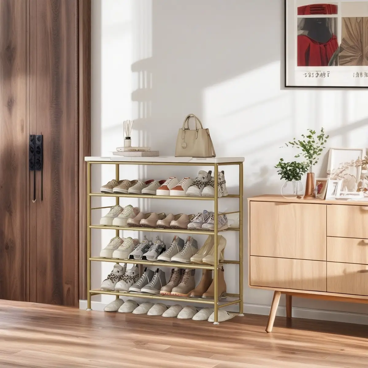 Metal Shoe Rack Organizer, 5 Tier with MDF Top Board Shoe Shelf Storage Organizer, for Entryway, Hallway, and Closet Organizer Storage Modern Home Dea