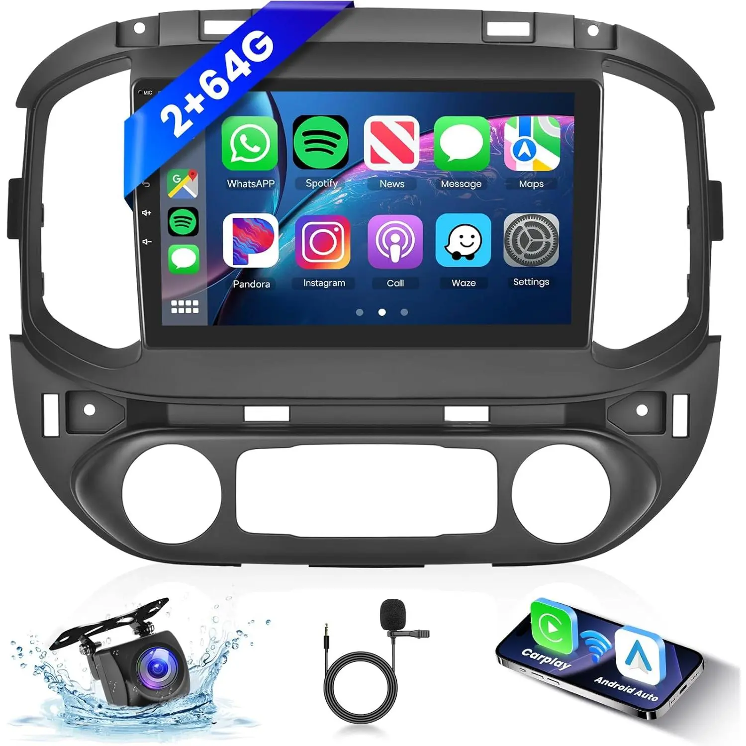 RIMOODY 2G+64G Android Car Stereo for 2015-2019 Chevy Colorado/GMC Canyon, 9 in Touch Screen with CarPlay, Wireless Android Auto, GPS, WiFi, Bluetooth, FM RDS Support, Mirror Link, Backup Camera fathersdaygift, Carplay Screen, Car Screen Carplay